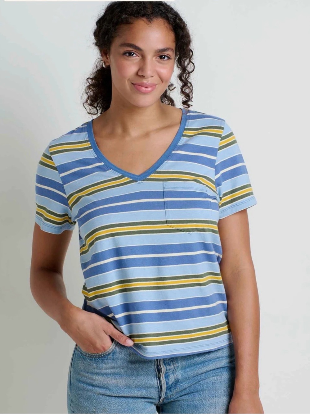 Toad&Co Grom V-Neck Tee Shirt Sz M in Weathered Blue Stripe